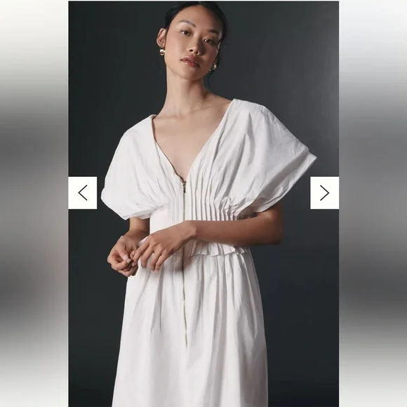 Anthropologie V-Neck Zip-Front Midi Dress White Cotton Dress Women’s Size M NEW - Picture 3 of 12